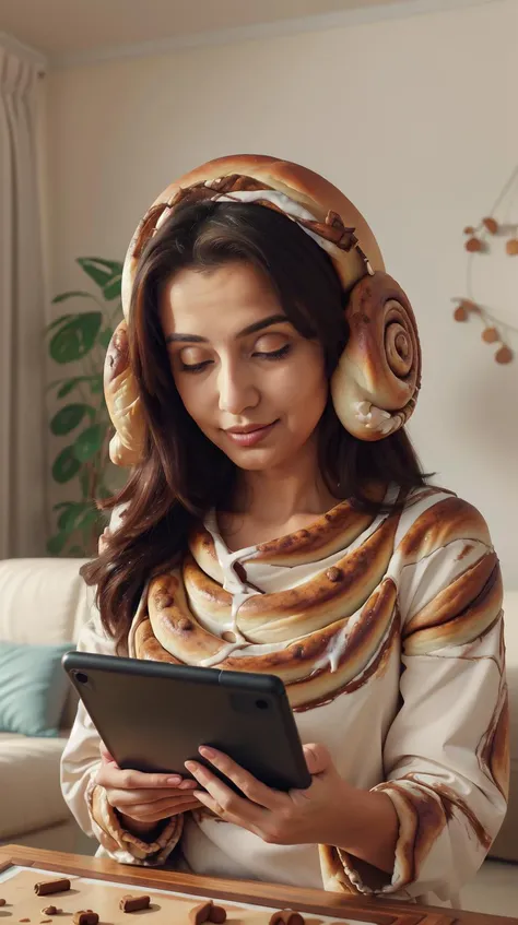 <lora:CinnamonBunStyle:1.0>CinnamonBunStyle a middle eastern woman playing an online puzzle game on her tablet, (Masterpiece:1.3) (best quality:1.2) (high quality:1.1)