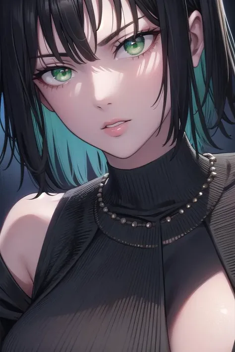 BREAK (masterpiece:1.2), best quality, high resolution, unity 8k wallpaper, (illustration:0.8), (beautiful detailed eyes:1.6), extremely detailed face, perfect lighting, extremely detailed CG, (perfect hands, perfect anatomy),city,street,wet road,reflections, buildings,night,fubuki, black hair, (green eyes:1.5), short hair,black dress, dress, fur coat, high collar, jewelry, necklace, off shoulder, taut clothes, taut dress, pantyhose,angry face, neckline,cleavege,from above,upper body,bend over,nipples see through.