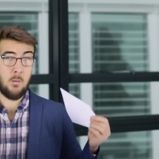 1boy, male_focus, Pitch Meeting, a man holding a piece of paper in his hand and a folder in his other hand, in front of a window, cinematic lighting, rim lighting, PitchMeetGeorge