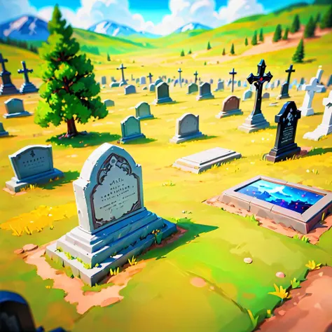 boreal steppe, Grandiose, graveyard , tilt-shift, high angle <lora:Stylized_Setting_SDXL:1.0> Isometric_Setting <lora:Painted World-000006:0.5> painted world, colorful splashes