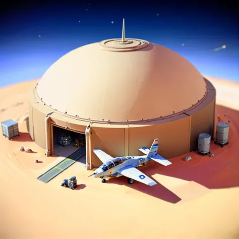 desert, Far-reaching, hangar , new weird fantasy tilt-shift, high angle <lora:Stylized_Setting_SDXL:1.0> Isometric_Setting