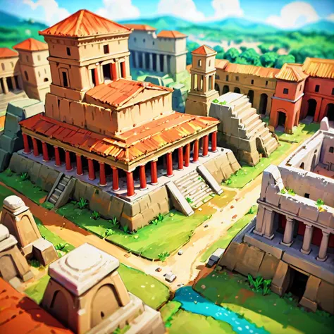 savanna, Detailed, roman city , tilt-shift, high angle <lora:Stylized_Setting_SDXL:1.0> Isometric_Setting <lora:Painted World-000006:0.5> painted world, colorful splashes