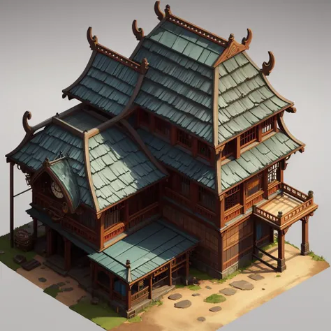 (masterpiece), absurdres <lora:Isometric_Setting:0.7>, Isometric_Setting, Asian curved metal roof, real time strategy, isometric, simple, rustic, open sides, spoked wheels, steampunk motif