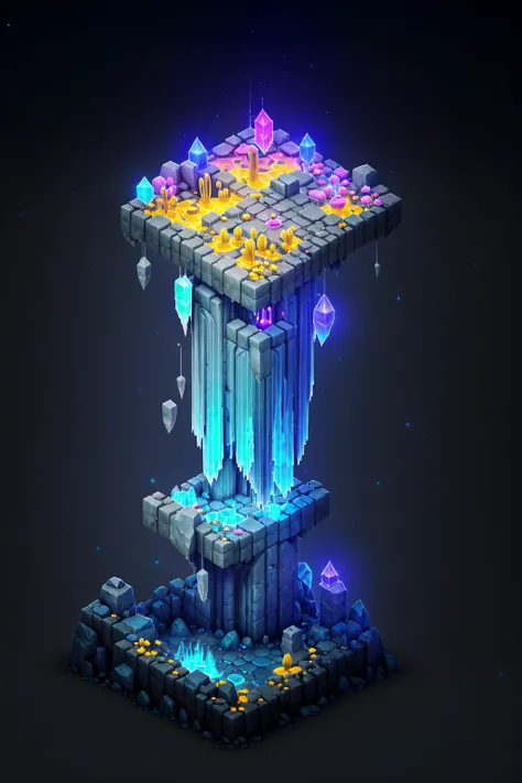 <lora:Isometric_Setting:0.7> cavern, glowing crystal obelisks, large colorful mushrooms, angled view from top, high detail, isometric video game scene, dark grey stone floor, rocky floor, dark fantasy, cubic. Isometric_Setting, absurdres