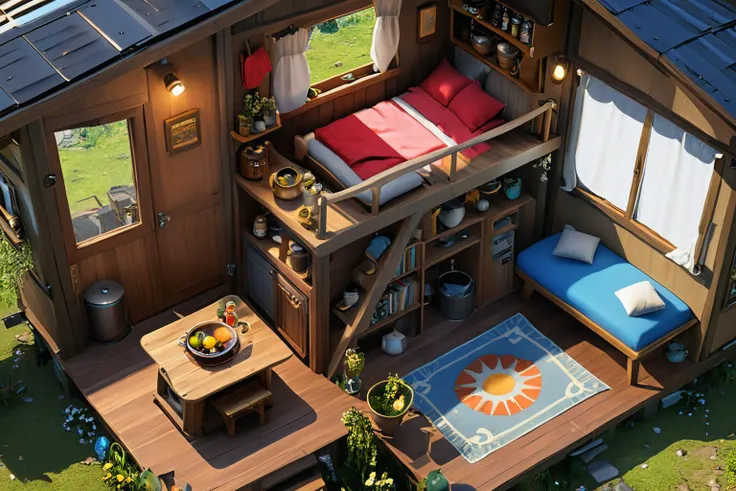 8k, vray, radiosity, HDR, 6000K, perfect light, masterpiece, high resolution, (best quality:1.4), illustrate art, anime style, (intricate emotional details:1.5), (sharpen details), (ultra detailed), (cinematic lighting), <lora:xl_more_art-full_v1:0.7>,
plan of the peaceful shack , top view, 1small bed is on above floor, small kitchen, compact room, small area design,  <lora:Stylized_Setting_SDXL:0.5>,Isometric_Setting
