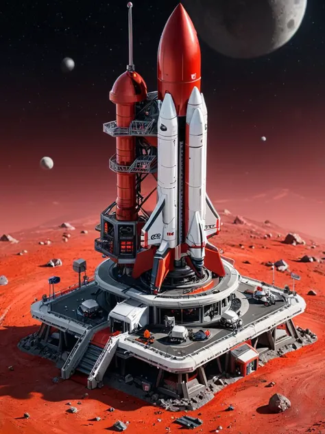 vray, radiosity, perfect light, masterpiece, high resolution, isometric view, hyper detailed, intricate, miniature, (tilt shift blur effect:1.4),
scifi high tech space center building, red rocketship on launchpad, rocky moon surface around,
<lora:Stylized_Setting_SDXL:1.1>Isometric_Setting
<lora:xl_more_art-full_v1:0.5>
