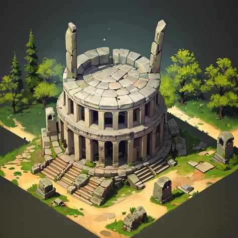 ((masterpiece,best quality)), absurdres <lora:Isometric_Setting:0.7>, Isometric_Setting, ancient ruins, forest in the background,