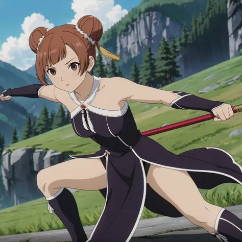 <lora:LaufenXL002>,<lora:DetailedEyes_V3:1.6>,
solo,
anime screencap,
Laufen,1girl,brown hair,double bun,brown eyes,hair_ornament,
black dress,bare shoulders,
gloves,
pelvic curtain,
boots,
fighting_stance,holding polearm,nature,