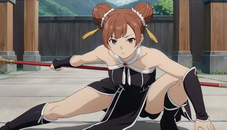 <lora:LaufenXL002>,<lora:DetailedEyes_V3:1.6>,
solo,
anime screencap,
Laufen,1girl,brown hair,double bun,brown eyes,hair_ornament,
black dress,bare shoulders,
gloves,
pelvic curtain,
boots,
fighting_stance,holding polearm,squatting,spread legs,