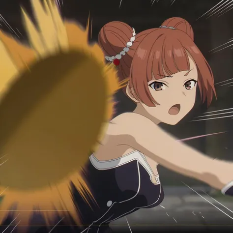 <lora:LaufenXL002:1.0>,<lora:DetailedEyes_V3:1.6>, solo, anime screencap,Laufen,1girl,brown hair,double bun,brown eyes,hair_ornament,black dress,bare shoulders, gloves, pelvic curtain,closed hand,shock wave from hand,
petite,punching, speed lines, upper body, motion blur,
half-closed eyes, (angry:0.6),looking at viewer,
masterpiece, best quality, very aesthetic, absurdres
