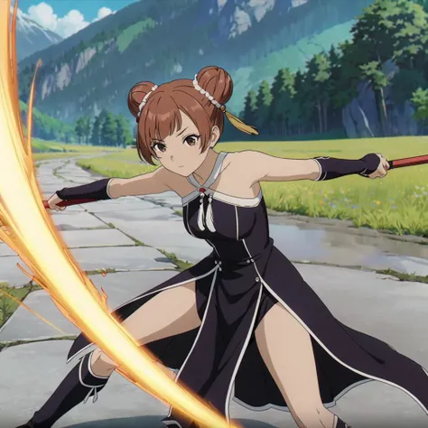 <lora:LaufenXL002>,<lora:DetailedEyes_V3:1.6>,
solo,
anime screencap,
Laufen,1girl,brown hair,double bun,brown eyes,hair_ornament,
black dress,bare shoulders,
gloves,
pelvic curtain,
boots,
fighting_stance,holding polearm,nature,energy pole arm,