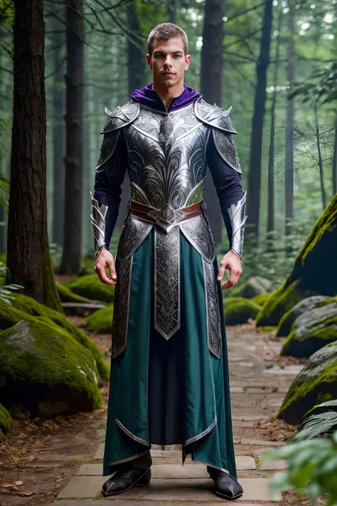 (full body), male focus, photo of PaulWalker, realism, forest background, dynamic pose, wearing intricate (amethyst and silver) armor, breastplate, belt, embroidered cloak, elar, <lora:PaulWalker:0.8> , heroic posing, relaxed natural expression, holding sword, elar, <lora:ElvenArmor-10:0.6>, professional light, cinematic lighting, fashion photography, ambient lighting, <lora:add_detail:0.3>