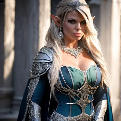 (masterpiece:1.2), (best quality,:1.2), 8k, HDR, ultra detailed, ((photorealistic)), professional light, cinematic lighting, fashion photography, ambient lighting, atmospheric effects, Sophia, <lora:Sophia-10:1>, as high elf queen, ((cowboy shot)), wearing intricate dark blue elven robes with silver,armor, bracers, belt, cape, crown, earrings, ElAr,<lora:ElvenArmor-10:0.8>, ((perfect hands)), epiCPhoto