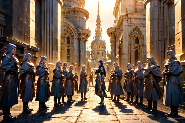 a female elf, middle, rows of elven warriors at sides, standing, <lora:ElvenArmor:0.7> ElAr, elven armor, ornate, <lora:Numenor:0.7> Numenor, noon, city street, background, outdoor, cinematic shot, professional lighting, 8k ultra detailed, hyper realism, centered composition