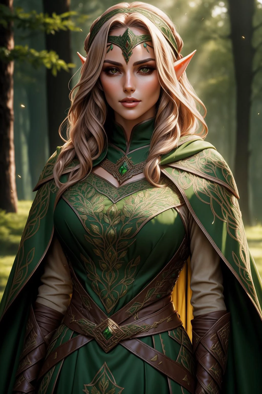 a portrait of a beautiful woman, wearing intricate green and brown armor, headband, embroidered cloak, elar, <lora:ElvenArmor-10:0.75>, happy, dynamic lighting,, volumetric lighting,