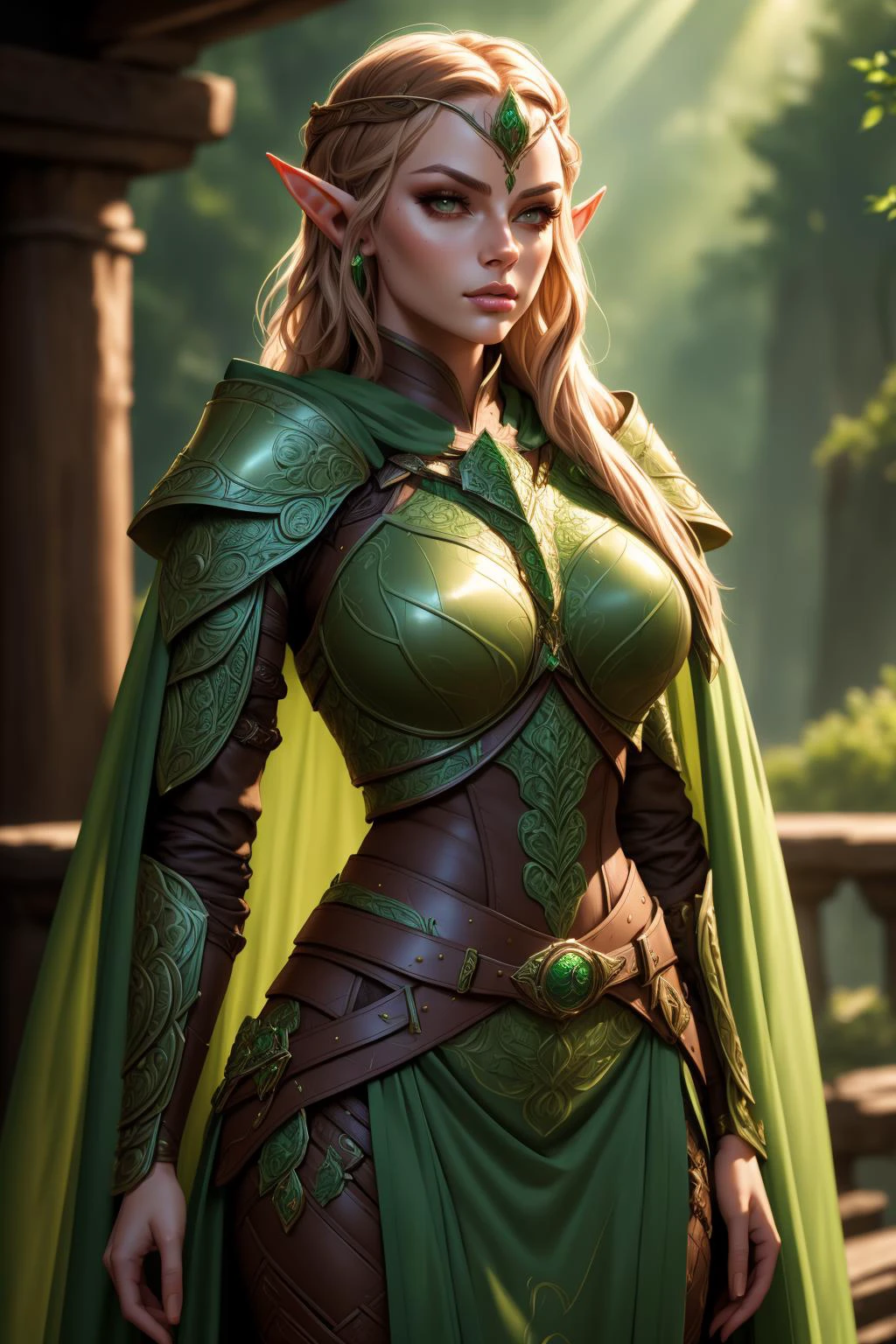 (masterpiece, clean, 8K, high res), a portrait of a beautiful woman, wearing intricate green and brown armor, belt, cape, elar, <lora:ElvenArmor-10:0.75>, sunlit, neon lighting,