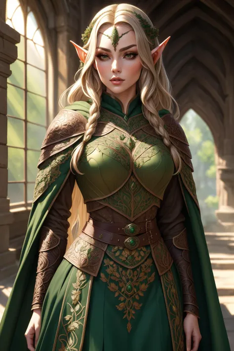 8k, famous artwork, digital photography, a photo of a beautiful woman, wearing intricate green and brown  armor, belt, embroidered cloak, elar, <lora:ElvenArmor-10:0.75>, excited, sun rays,