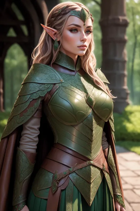 (masterpiece, clean, 8K, high res), a portrait of a beautiful woman, wearing intricate green and brown leather armor, cape, elar, <lora:ElvenArmor-10:0.75>,