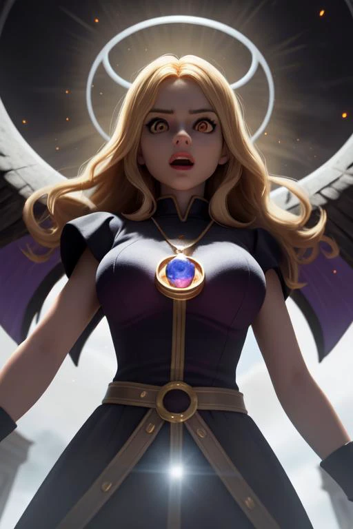 ray tracing z pass bright light from below, (1girl, adult female:1.2), purple eyes, medium blonde hair, solo, (full body:0.6), looking down, detailed background, detailed face, gemstone theme:1.1), dilated pupils, summoner, necromancer clothes, pendant, summoning, dynamic pose, (open mouth:0.8), ritual, pentagram, surrounded by dark sigils, floating particles, dark swirling magic energy, calling forth supernatural souls, spooky netherworld background, whirlwind, omen, ethereal atmosphere, looking at camera, close up, from waist, (best quality, high quality:1.2), (masterpiece:1.1), (detailed), photorealism, hdr, cinematic lighting, cinematic bloom, sharp focus, lens flare, ray tracing, reflections, sharp focus, sfw
