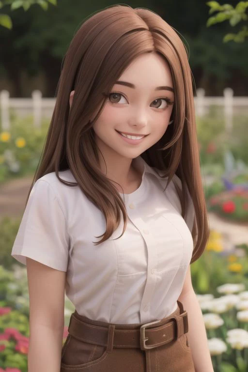 girl, beautiful, detailed eyes, (long brown hair, brown eyes, smiling:1.5), (white shirt:1.4), (garden:1.3), (looking at camera), (close up, from belt:1.1), (best quality, high quality:1.2), intricate details, 8k, photorealism, photorealistic, bokeh, cinematography, cinematic, cinematic lighting, cinematic bloom, sharp focus, sfw