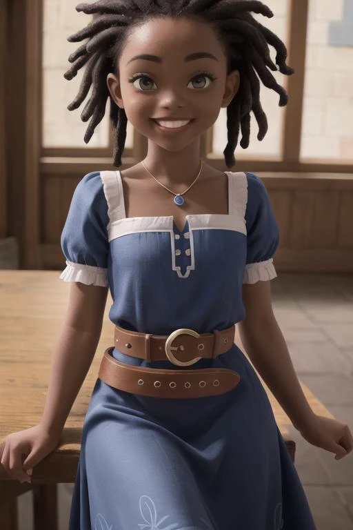 a portrait photo of a black girl, dark skin, smiling, tattoo, blue dreads, (folk dress:1.3), Ukrainian short dress, pronounced feminine feature, insane details, intricate details, hyperdetailed, complex background, medieval tavern, indoors, (close up, from belt:1.3), (best quality, high quality:1.2), intricate details, 8k, photorealism, photorealistic, bokeh, cinematography, cinematic, cinematic lighting, cinematic bloom, sharp focus, sfw