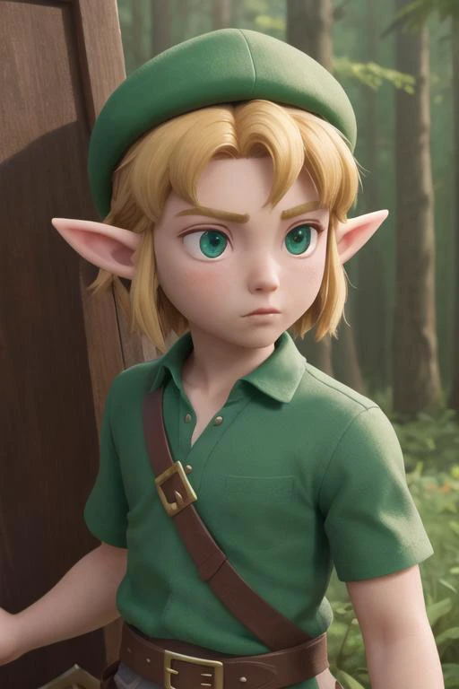 young boy, male focus, elf, Zelda link, handsome, detailed eyes, short messy blonde hair, green pointy hat, green tunic with brown undergarment, belt, brown boots, shield and sword, dreamy forest, dynamic pose, fantasy, legend of Zelda, (close up, from belt:1.3), (best quality, high quality:1.2), intricate details, 8k, photorealism, photorealistic, bokeh, cinematography, cinematic, cinematic lighting, cinematic bloom, sharp focus, sfw