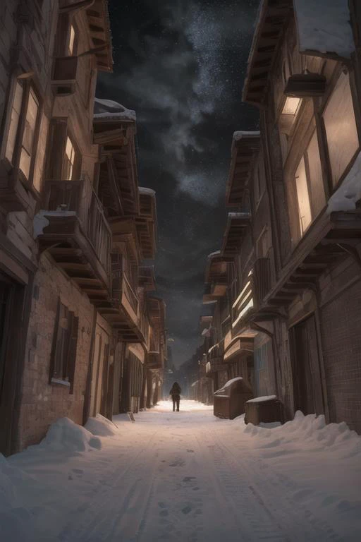 end of the world, epic realistic, (hdr:1.4), (muted colors:1.4), apocalypse, freezing, abandoned, neutral colors, night, screen space refractions, (intricate details), (intricate details, hyperdetailed:1.2), artstation, cinematic shot, vignette, complex background, buildings, snowy, (best quality, high quality:1.2), intricate details, 8k, photorealism, photorealistic, bokeh, cinematography, cinematic, cinematic lighting, cinematic bloom, sharp focus, sfw
