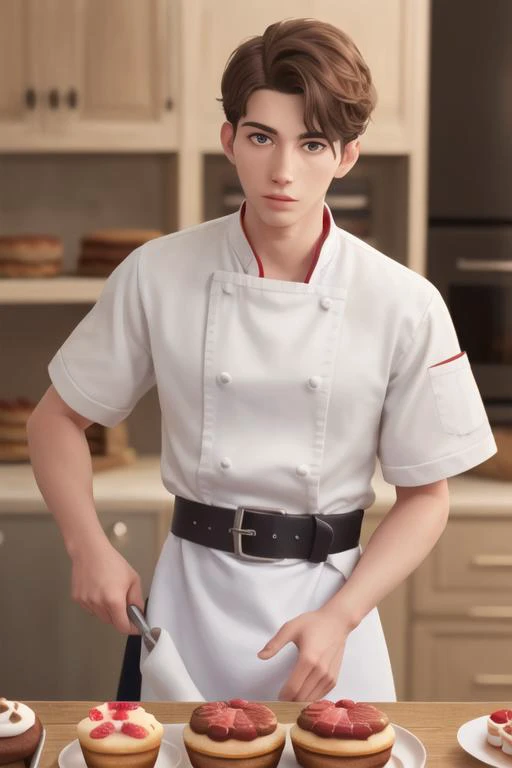 young man, handsome, detailed eyes, chef, apron, (shop, kitchen, pantry, baking, cakes:1.3), (close up, from belt:1.2), (best quality, high quality:1.2), intricate details, 8k, photorealism, photorealistic, bokeh, cinematography, cinematic, cinematic lighting, cinematic bloom, sharp focus, sfw