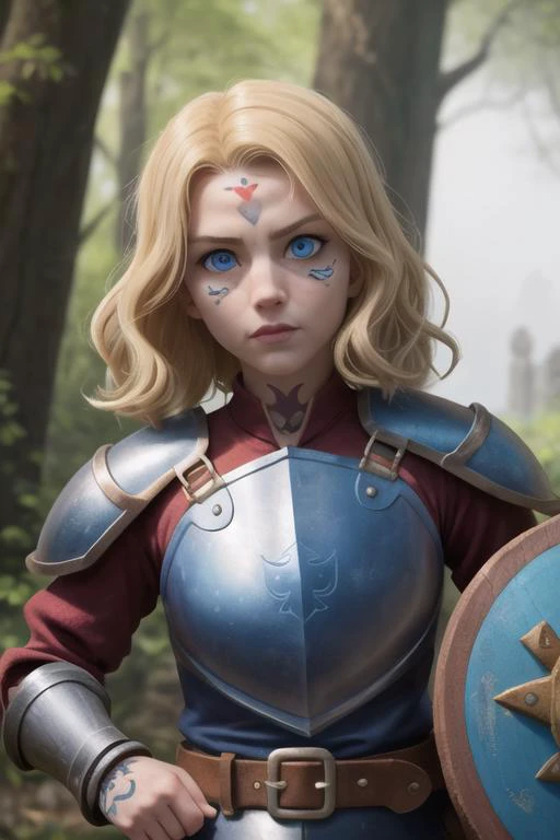 young girl, beautiful, slender, (short wavy blonde hair, blue eyes, round chin, round face, tattoos:1.5), (warrior, leather armor, flail, shield:1.4), (battle, destruction, ancient ruins, dark forest:1.3), (close up, from belt:1.3), (best quality, high quality:1.2), intricate details, 8k, photorealism, photorealistic, bokeh, cinematography, cinematic, cinematic lighting, cinematic bloom, sharp focus, sfw