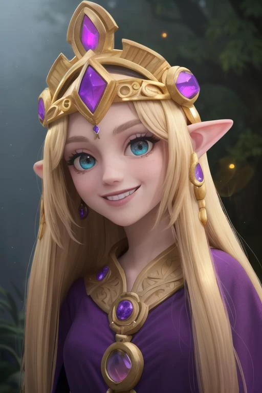 young girl, beautiful, detailed eyes, slender, (long golden hair, smiling:1.6), (jeweled headdress, large purple gem, iridescent, glimmering, shining, intricate:1.5), (priestess, intricate ancient purple robe:1.4), (dark forest, night, foggy, dreamy:1.3), (magical, ethereal, surreal, fantasy, folklore:1.2), (close up, from belt:1.1), (best quality, high quality:1), intricate details, 8k, photorealism, photorealistic, bokeh, cinematography, cinematic, cinematic lighting, cinematic bloom, sharp focus, sfw