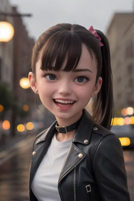 young girl, beautiful, detailed eyes, street, laughing, ponytails, leather jacket, black shirt, (hdr:1.3), (muted colors:1.2), dramatic, complex background, cinematic, filmic, (rutkowski, artstation:0.8), soaking wet, (close up, from belt:1.1), (best quality, high quality:1.2), intricate details, 8k, photorealism, photorealistic, bokeh, cinematography, cinematic, cinematic lighting, cinematic bloom, sharp focus, sfw