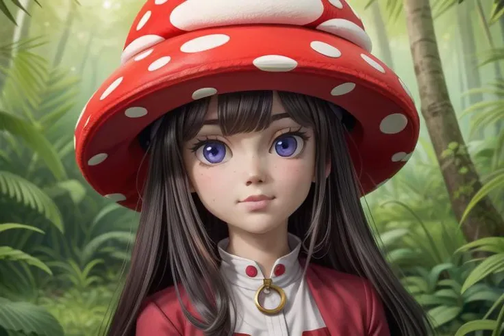 Forest after rain, Amazon rainforest, lots of tropical trees, palm trees, lots of giant mushrooms, lots of poison mushrooms, red and white spotted mushrooms, purple mushrooms, yellow mushrooms, white mushrooms, explosion mushrooms, charm mushrooms, fluorescent mushrooms (monsterification:1.3), (1 giant mushroom_girl, wearing Spotted dress, spotted mushroom hair), (spotted mushroom hat:1.2), (upper body), (cute face), beautiful eyes (detailed light), (extremely delicate and beautiful), volume light, best shadow, flash, Depth of field, (best quality, high quality:1.2), intricate details, 8k, photorealism, photorealistic, bokeh, cinematography, cinematic, cinematic lighting, cinematic bloom, sharp focus, sfw, <lora:fix_vivid:0.4>, <lora:fix_add_detail:0.6>, <lora:fix_goodhands:0.8>