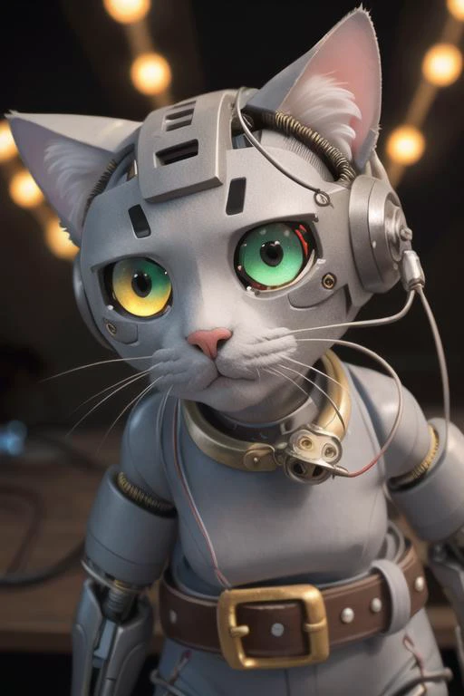 cat, cute, (cyborg, metal, wires:1.3), (intricate details, hyperdetailed:1.2), hdr, cinematic shot, vignette, centered, (close up, from belt:1.3), (best quality, high quality:1.2), intricate details, 8k, photorealism, photorealistic, bokeh, cinematography, cinematic, cinematic lighting, cinematic bloom, sharp focus, sfw