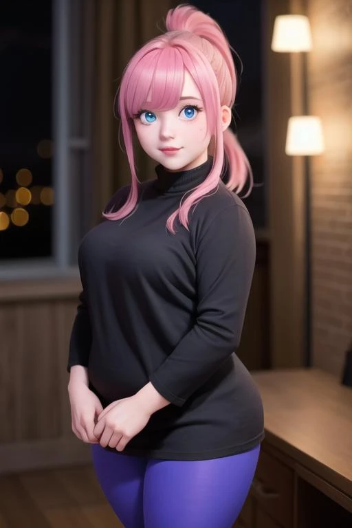 a beautiful girl wearing leggings, (chubby:1.2), blurry background, (night:1.3), pink hair, blue eyes, ponytail, looking at viewer, pale skin, (dark room:1.4)<lora:mikunakanotest:1.0>