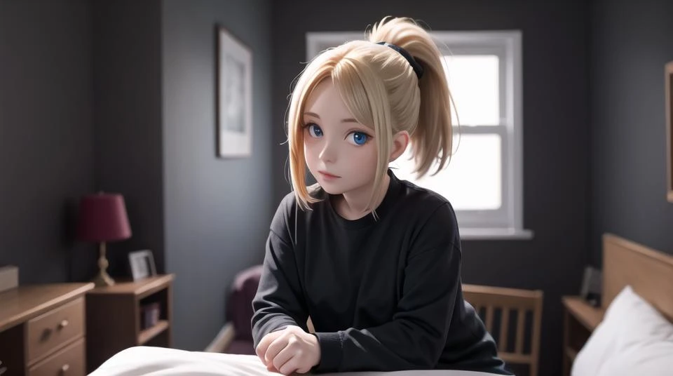 a beautiful girl sitting in a bedroom, black shirt, (chubby:1.1), blurry background, night, dark (blonde:1.1) hair, blue eyes, ponytail, looking at viewer, pale skin, (dark room:1.4)