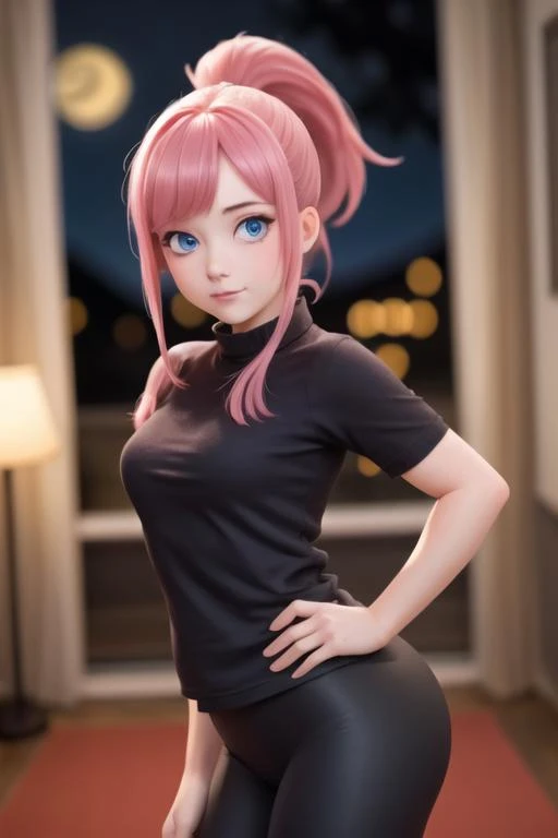 a beautiful girl wearing leggings, (chubby:1.2), blurry background, (night:1.3), pink hair, blue eyes, ponytail, looking at viewer, pale skin, (dark room:1.4)<lora:mikunakanotest:1.0>