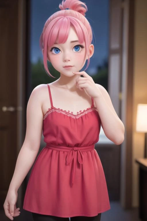 a beautiful girl wearing a camisole standing, (chubby:1.2), blurry background, (night:1.3), pink hair, blue eyes, ponytail, looking at viewer, pale skin, (dark room:1.4)<lora:mikunakanotest:1.0>
