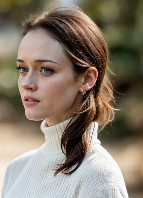 A stunning intricate color close up portrait of (alexisbledel-ti:1) , wearing white turtleneck, epic character composition, sharp focus, natural lighting, subsurface scattering, f2, 35mm, film grain, , by Dorothea Lange