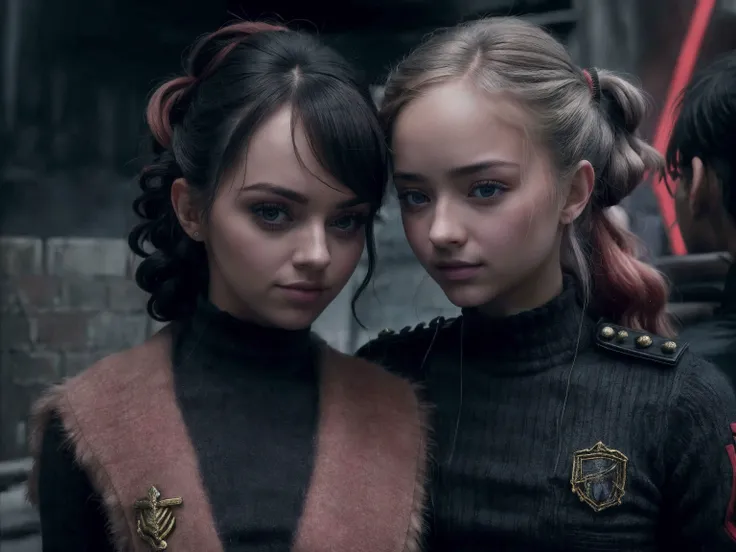 two girls, (((old dirty and torn Fallout light blue and yellow vaultsuit with pipboy3000 on wrist))), Beautiful breasts, Beautiful ,、Twintail hairstyles, Look at viewers, 、ultrasharp、huge tit、, slim, petite ((on bed)), 4x-UltraSharp