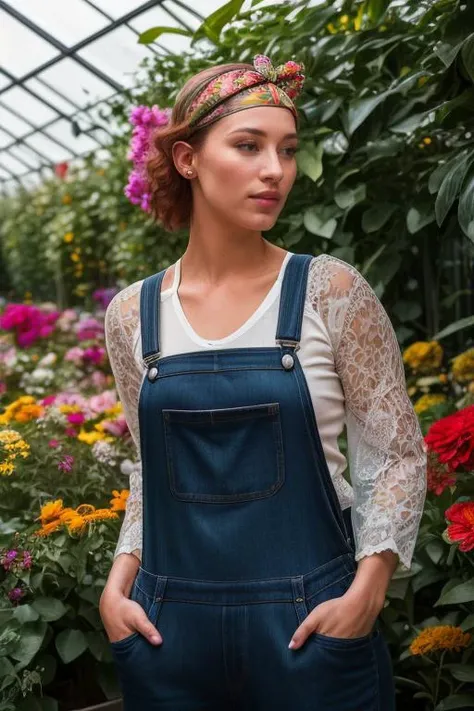 DEN_espiona_SG,
(in a giant glass green house filled with exotic flowers and plants wearing overalls and a bandana walking through the flowers, arboretum, green house, glass, plants, flowers:1.2),
bokeh, f1.4, 40mm, photorealistic, raw, 8k, textured skin, skin pores, intricate details <lora:epi_noiseoffset2:1>, epiCRealism <lora:ClothingAdjuster3:-1>