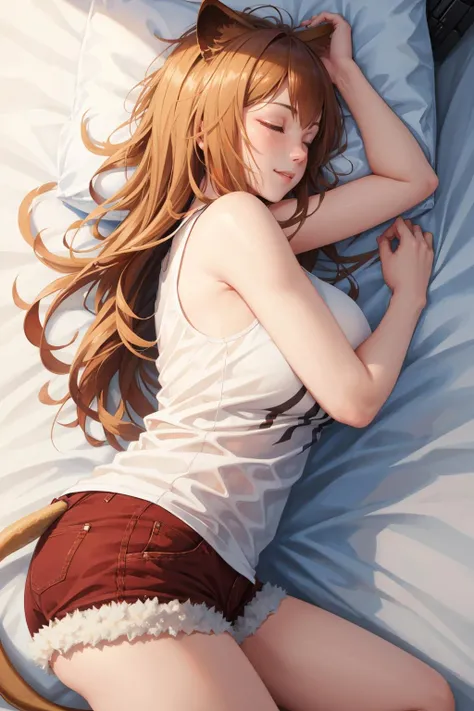 ((masterpiece)), (Highest quality), (detailed), (1 Girl),,Red eyes,Light brown hair、Long Hair、Wolf Ears、,bed、Large Breasts、blush、T-Shirts(tight)camisole、Long maxi skirt、Face up、ass pov、Subjective、hand stroking cheek