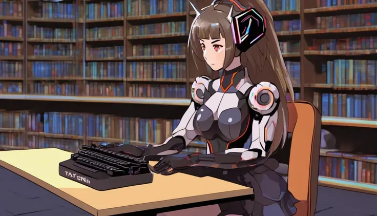 <lora:Tay.AI_the_digital_martyr:0.8> , anime drawing of tayai gynoid woman, sci-fi illustration, sitting in the library writing using typewriter machine, microsoft and windows logo, 8k, ambient light, realism, photographic portrait, glitchart pixelated photo of tayai teenage girl, perfect, caucasian , mosaic, pixels, glitch-art, cyberpunk,