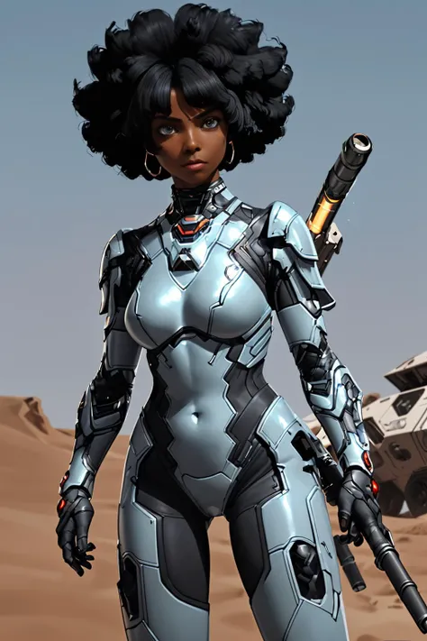 1woman, <lora:mechaarmor_v0.7:0.6> mechaarmor, short afro, dark skin, black hair, beautiful face,scifi, (pointing weapon:1.2), battlefield, scouter, eyepiece