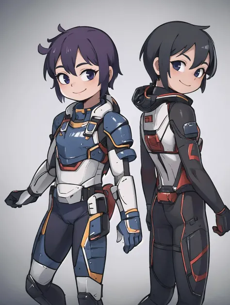 masterpiece, best quality,
2boys upper body, smile, back-to-back,
purple mechaarmor, armor, very short hair,
<lora:mechaarmor_v0.7:0.8>