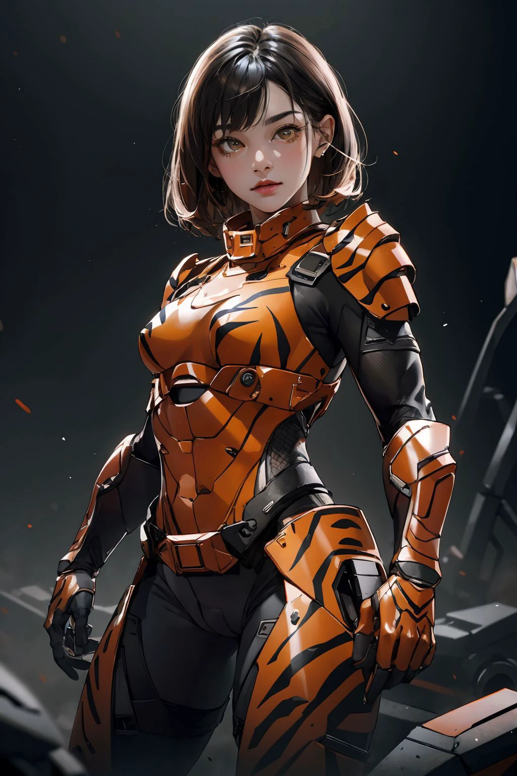 (best quality, masterpiece),<lora:TigerstripeAI:0.5>, TigerstripeAI, 1girl, medium hair, looking at viewer, <lora:mechaarmor_v0.7:0.7>, yellow mechaarmor,