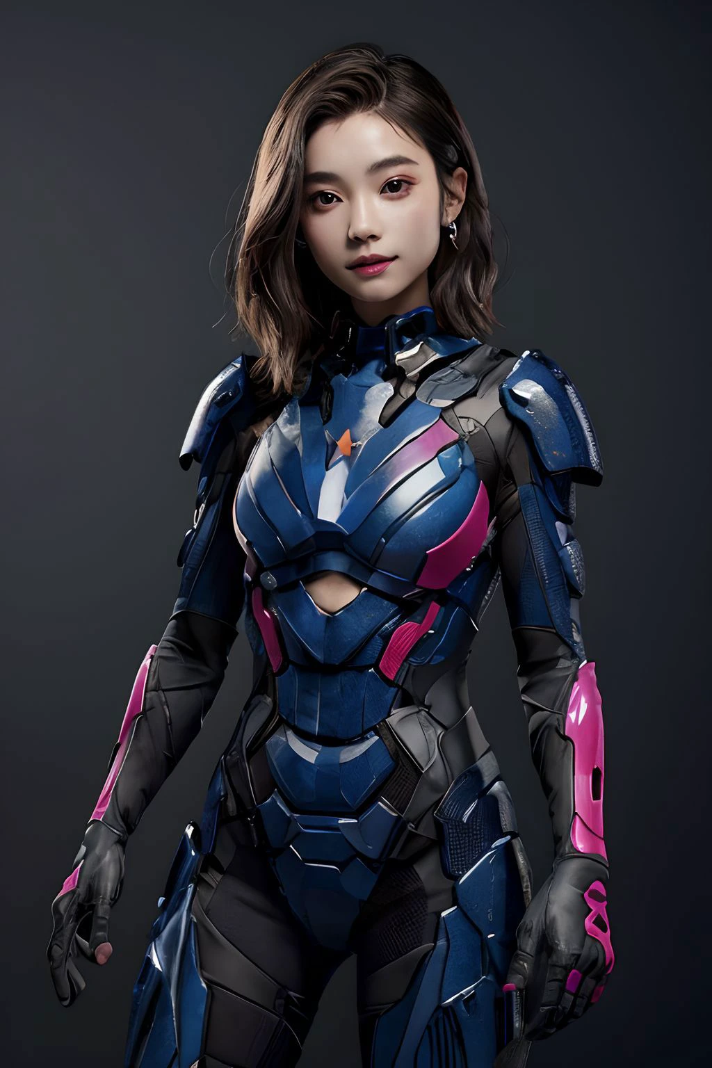 (best quality, masterpiece), 1girl, medium hair, looking at viewer, <lora:mechaarmor_v0.7:0.7>, mechaarmor,colored skin, rainbow, spot color,
