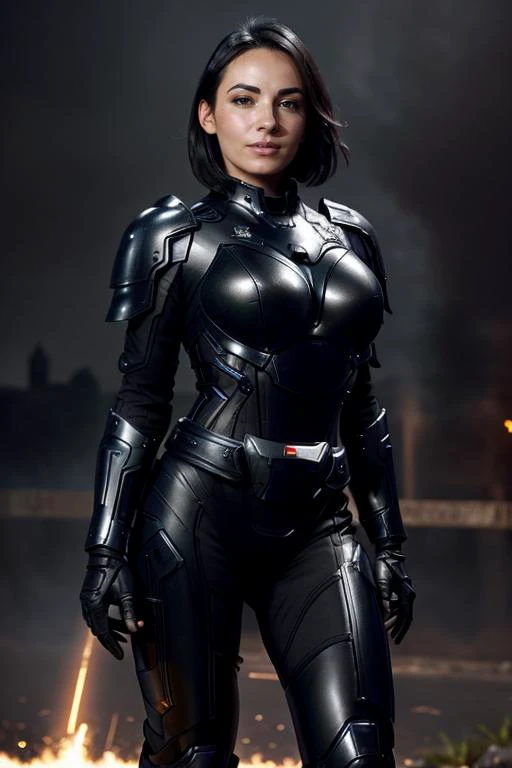 <lora:Agathe_Auproux:0.5> agathe auproux, short black hair, wearing <lora:mechaarmor_v0.7:0.4> mechaarmor, armor, power armor at the night, Paris, ruins, flames, posing, teasing, nice ass, ultrahd, realistic, perfect face, perfect body, nsfw, cleavage, realistic, ultra-detailed face, ultra-detailed eyes <lora:add_detail:0.3>