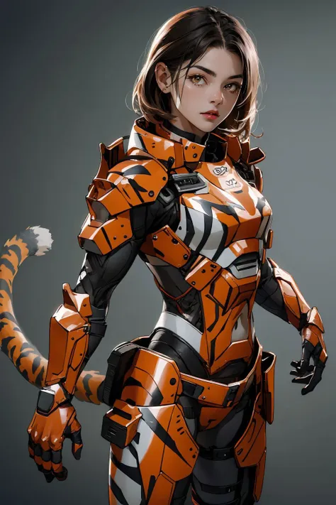 (best quality, masterpiece),<lora:TigerstripeAI:0.5>, TigerstripeAI, 1girl, medium hair, looking at viewer, <lora:mechaarmor_v0.7:0.7>,  yellow  mechaarmor, [breastplate:tiger:0.4],