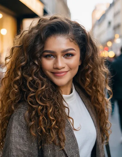 high resolution photo of znd woman,looking at camera,eye make-up,smile,long curly hair,close-up,walking in the street,volumetric lighting,cinematic,masterpiece