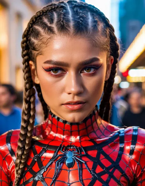 high resolution photo of znd woman,looking at camera,eye make-up,wearing spidergirl costume,braid hair,close-up,walking in the street,volumetric lighting,cinematic,masterpiece